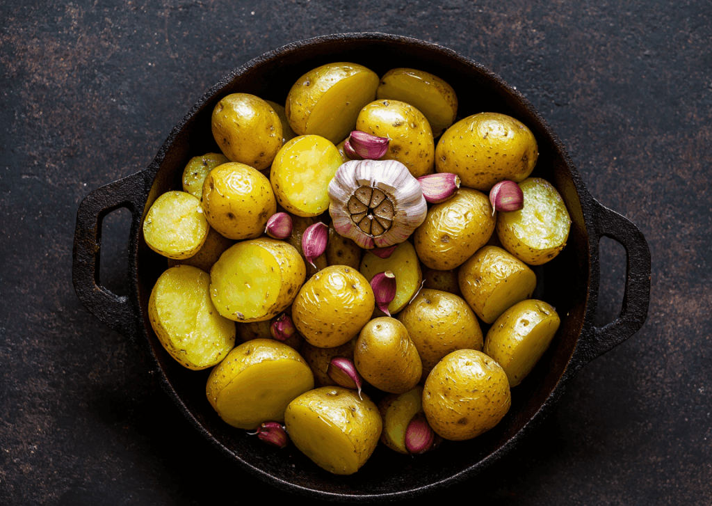 🖼️ Suggestion visuelle : plat rustique en fonte avec les pommes de terre dorées et l’ail confit en fond