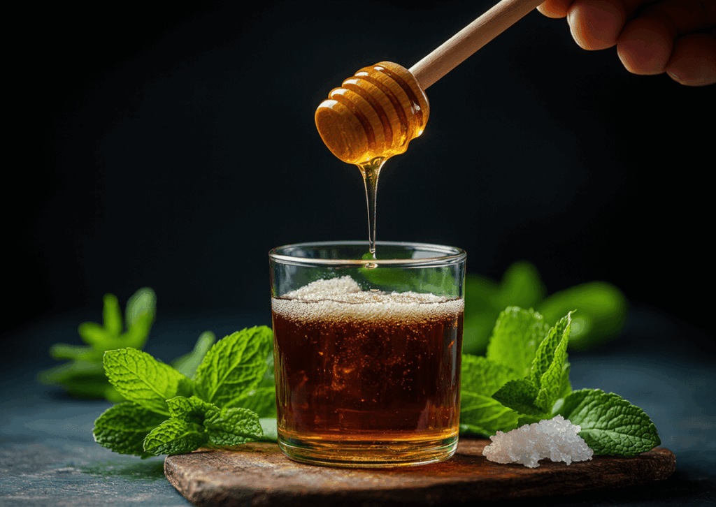 pastis&olive-sirop-de-menthe2: bouteille vintage avec étiquette “Maison” + brin de menthe noué en ficelle