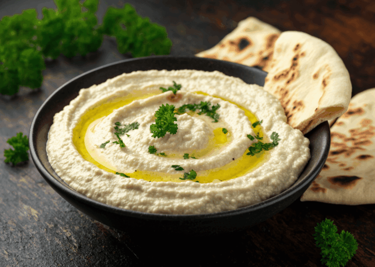 pastis&olive-tarama 🖼️ Photo : bol de tarama blanc cassé avec pita grillé et persil frais