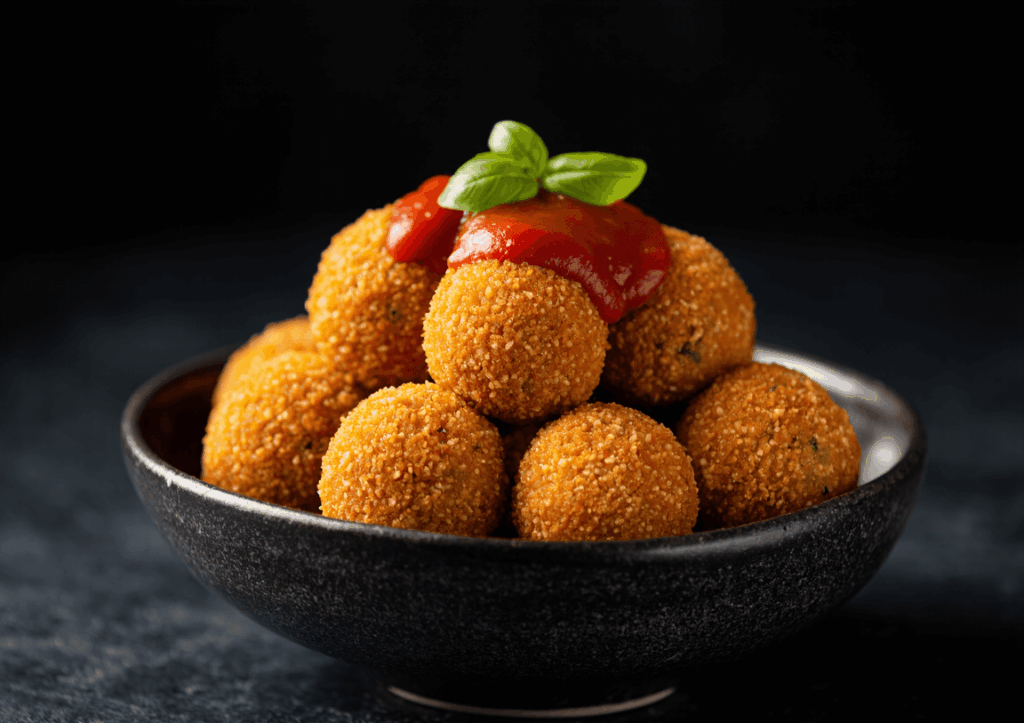 pastis&olive_Boulettes de riz façon arancini
🖼️ Photo des arancinis dorés avec sauce tomate dans une coupelle