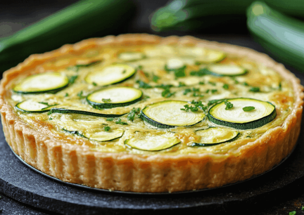 pastis&olive_Quiche Courgette Feta Sans Pâte : photo dans un moule rond, tranches bien dorées, petites herbes sur le dessus.