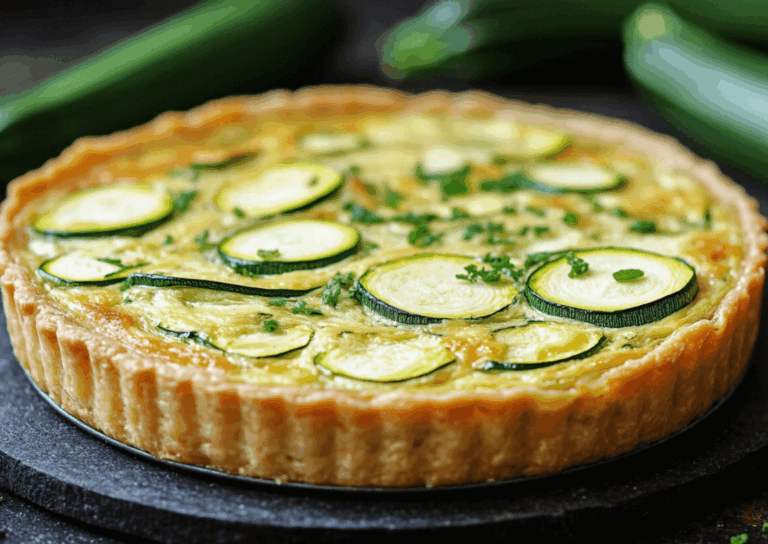 pastis&olive_Quiche Courgette Feta Sans Pâte : photo dans un moule rond, tranches bien dorées, petites herbes sur le dessus.