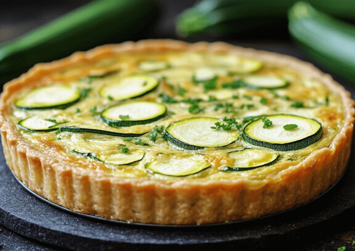 pastis&olive_Quiche Courgette Feta Sans Pâte : photo dans un moule rond, tranches bien dorées, petites herbes sur le dessus.