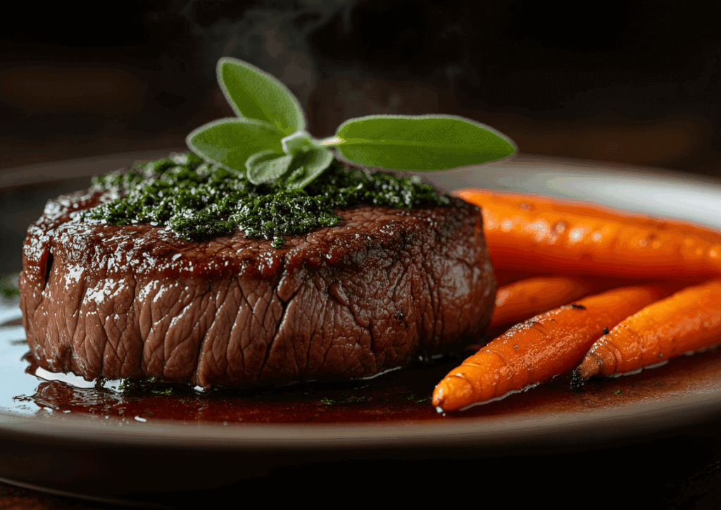 pastis&olive_carottes-veau
🖼️ Photo d’une côte de
veau nappée de beurre à la sauge, posée à côté de carottes fondantes.