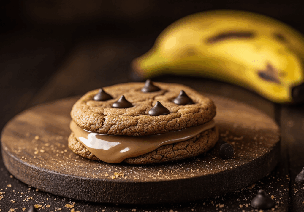 pastis&olive_cookie3Photo d’un cookie fondant sur une planche en bois avec un fond banane et pépites.