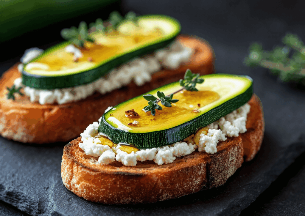 pastis&olive_courgette-tartine🖼️ Tartine dorée sur ardoise, miel qui perle et branche de thym frais