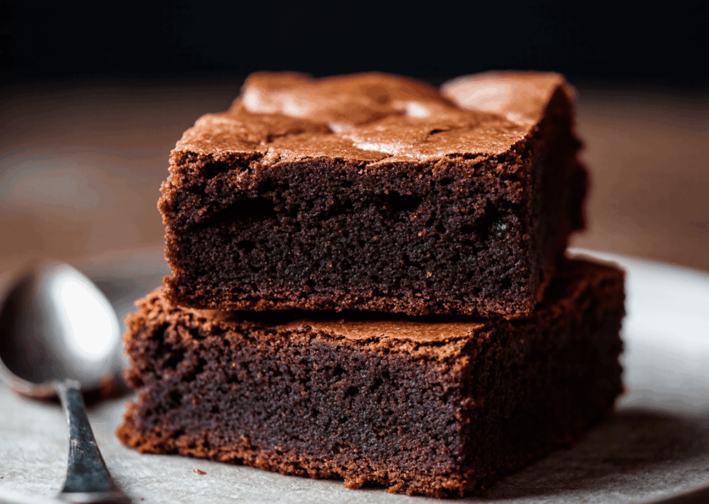 (Gros plan sur une part de brownie, avec une petite cuillère posée à côté)