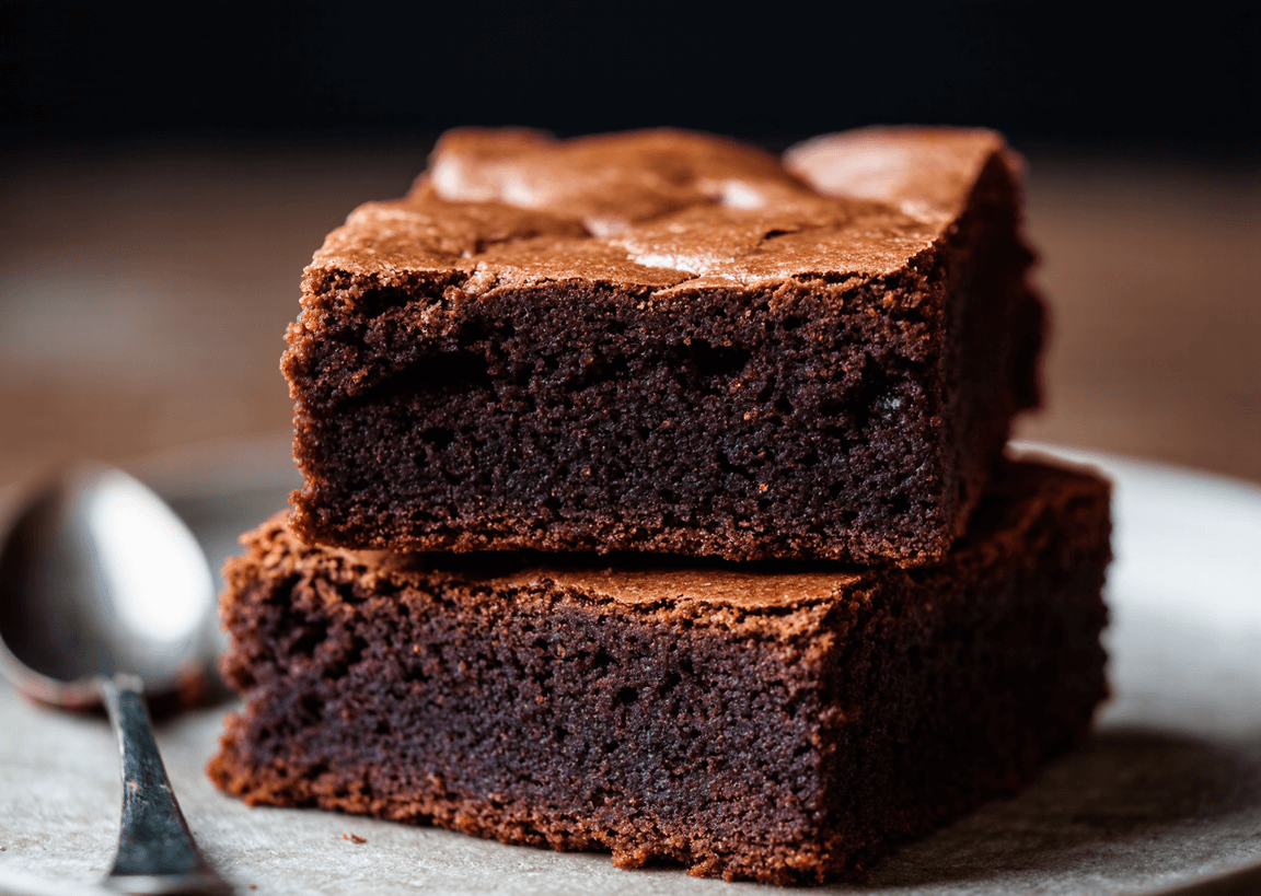 (Gros plan sur une part de brownie, avec une petite cuillère posée à côté)