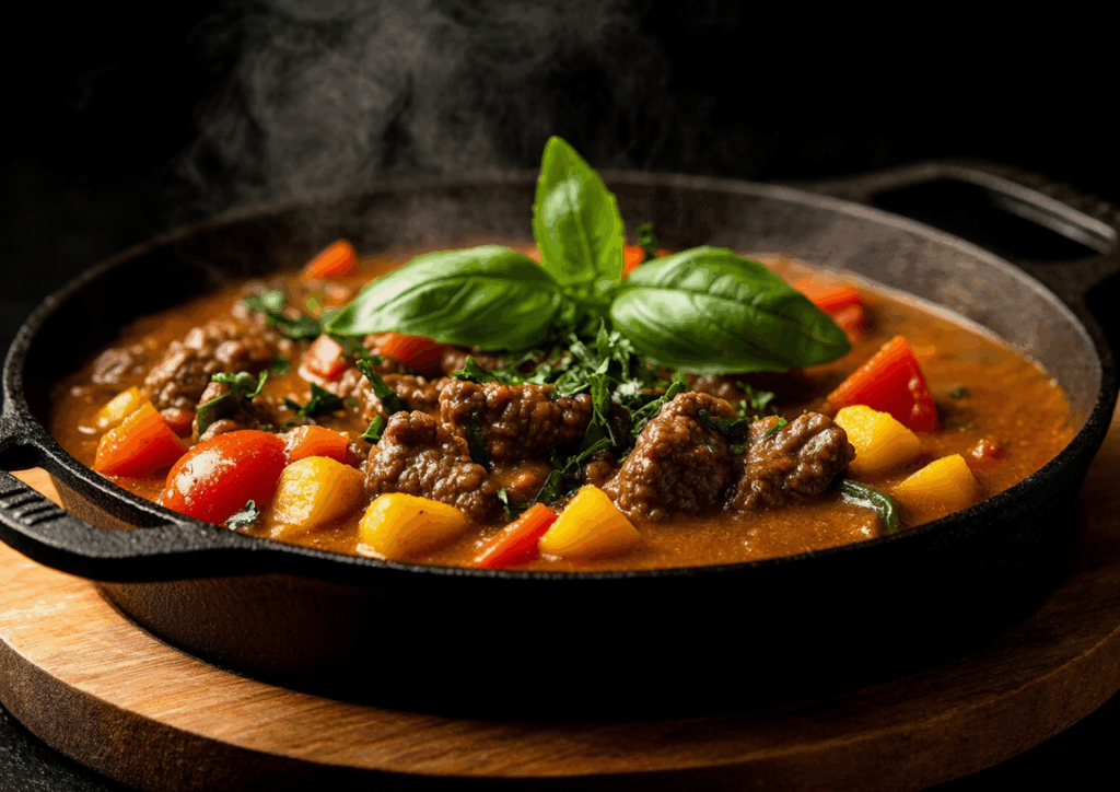 🖼️ Photo : Ratatouille fumante dans cocotte en fonte avec basilic