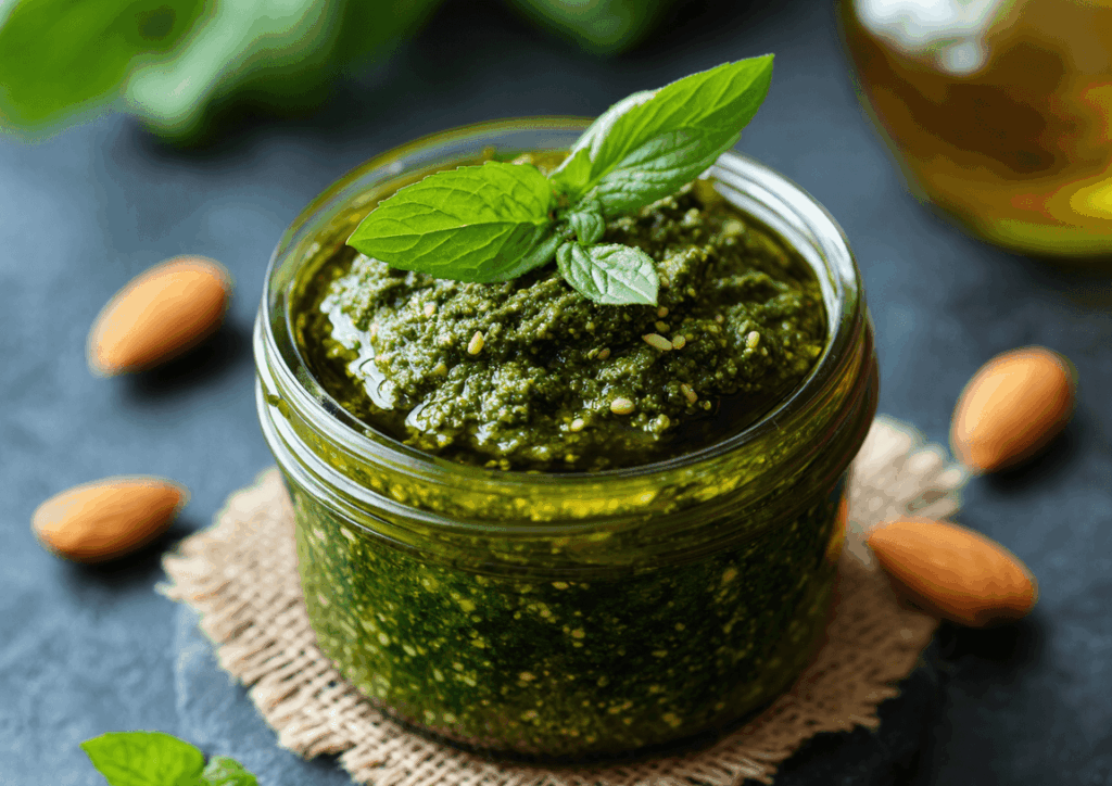 pastis&olive_pesto-amandesPhoto du pesto en pot avec brins de menthe et amandes entières.