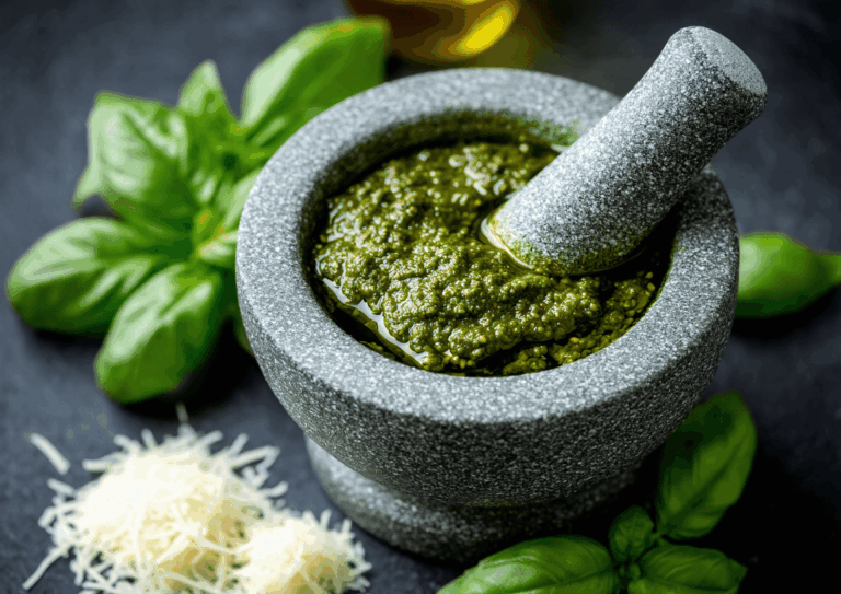 pastis&olive_pesto-parmesan Photo du pesto dans un mortier avec basilic frais et copeaux de parmesan autour.