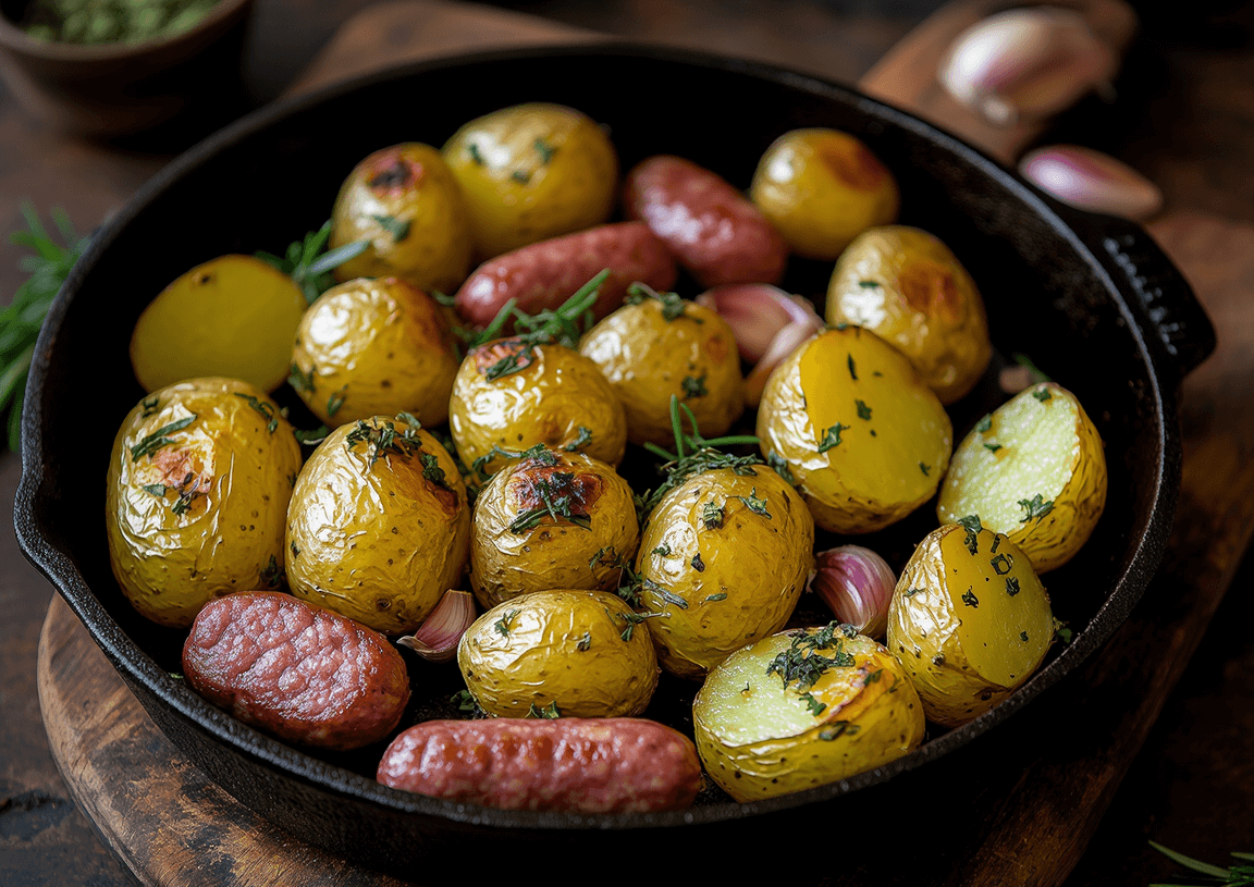pastis&olive_pomme-de-terre-grenaille-chipo plat rustique en fonte, herbes fraîches et gousse d’ail en fond.