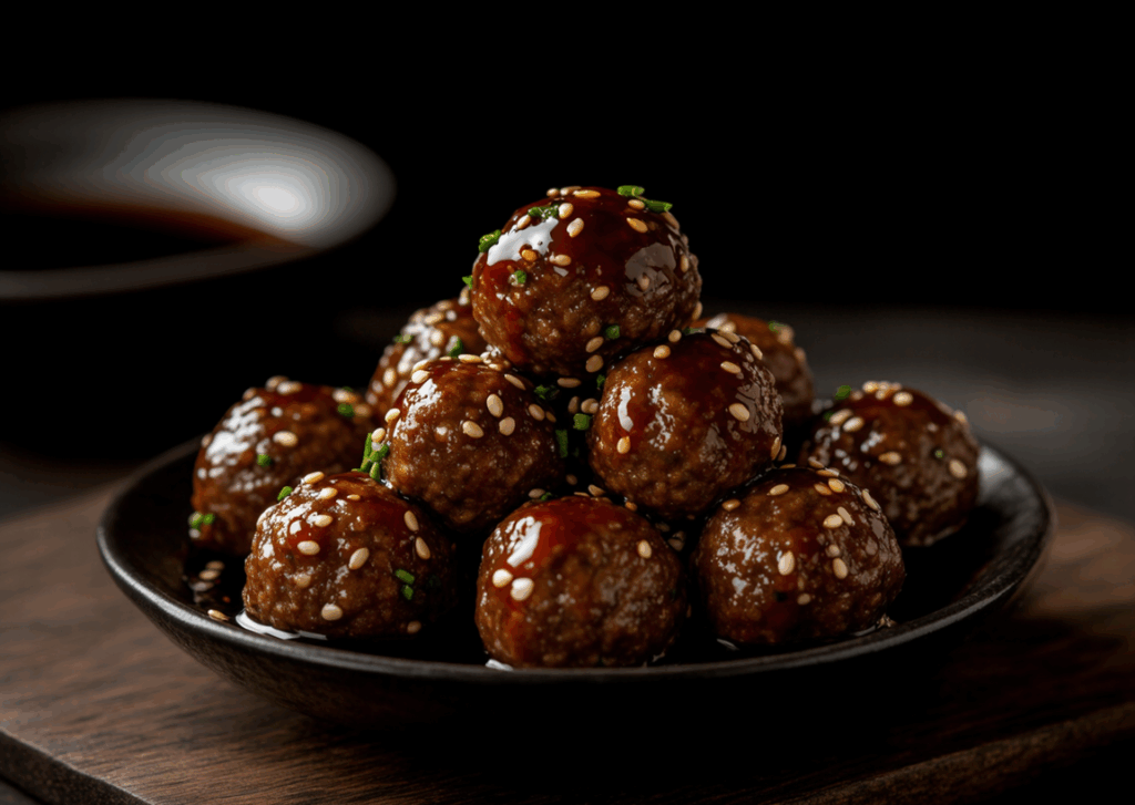 pastisolives_brochettes-boeuf-sauce-sojaZoom sur les boulettes brillantes, avec un petit bol de sauce en fond.