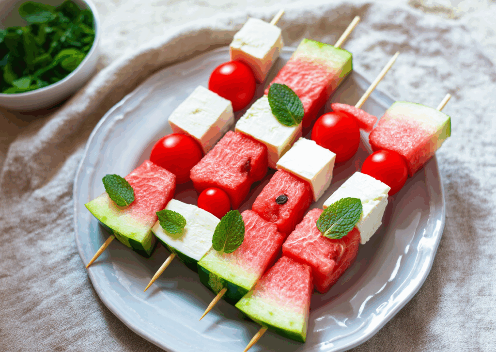 pastisolives_brochettes-feta-pasteque-menthePlanche rustique, nappe en lin, lumière naturelle. Ça fait chic sans effort.