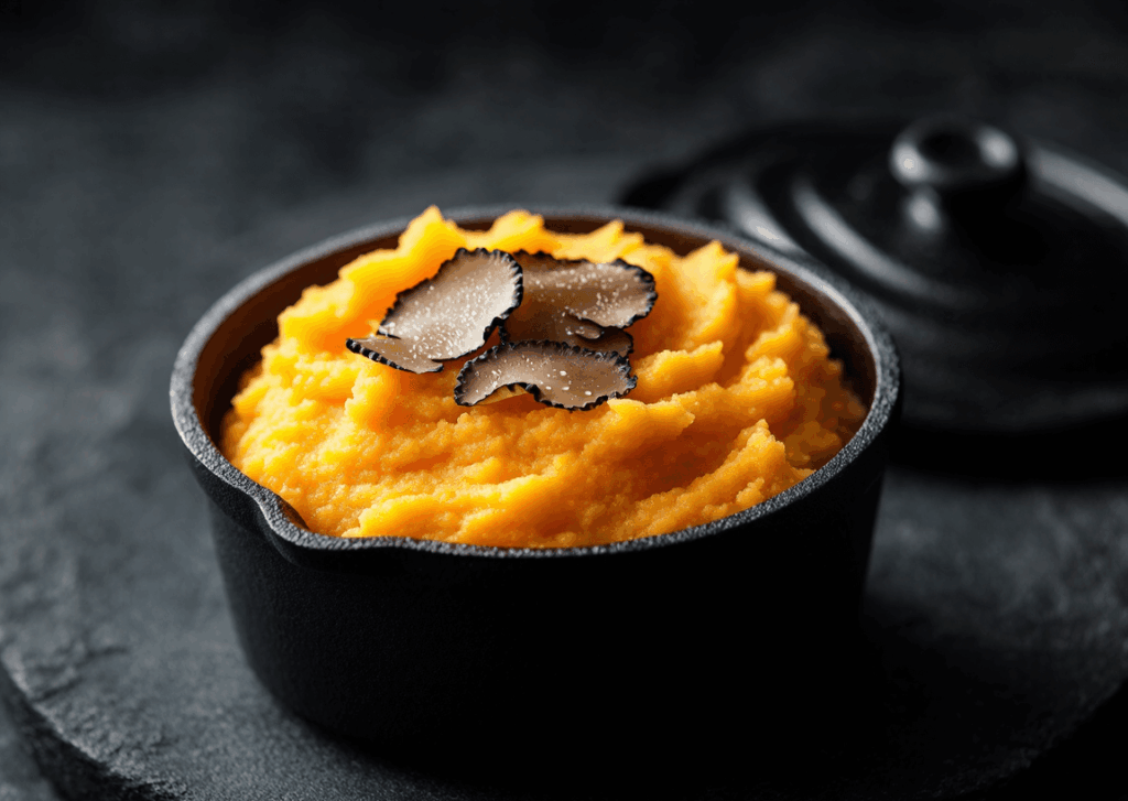 Purée de patate douce au beurre noisette servie dans une petite cocotte en fonte avec copeaux de truffe en déco