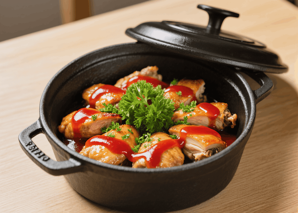 🖼️ Photo parfaite : Cocotte en fonte ouverte avec le poulet doré nappé de sauce rouge, persil frais ciselé par-dessus.