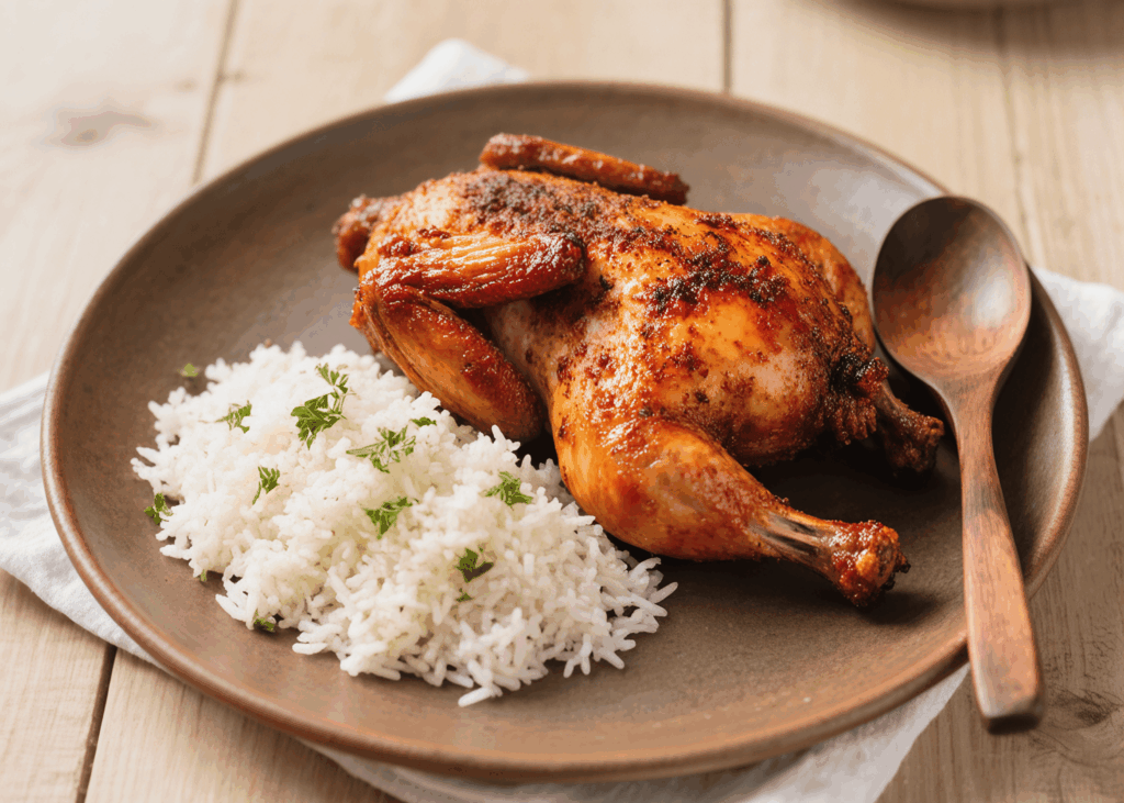 🖼️ Photo parfaite : Plat en terre cuite avec le poulet bien rouge, accompagné de riz basmati et d'une cuillère en bois.