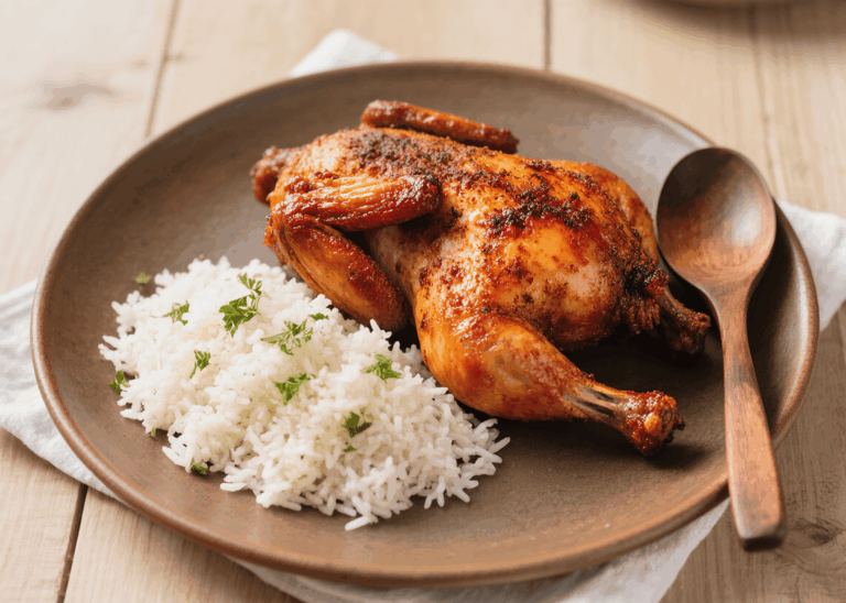 🖼️ Photo parfaite : Plat en terre cuite avec le poulet bien rouge, accompagné de riz basmati et d'une cuillère en bois.
