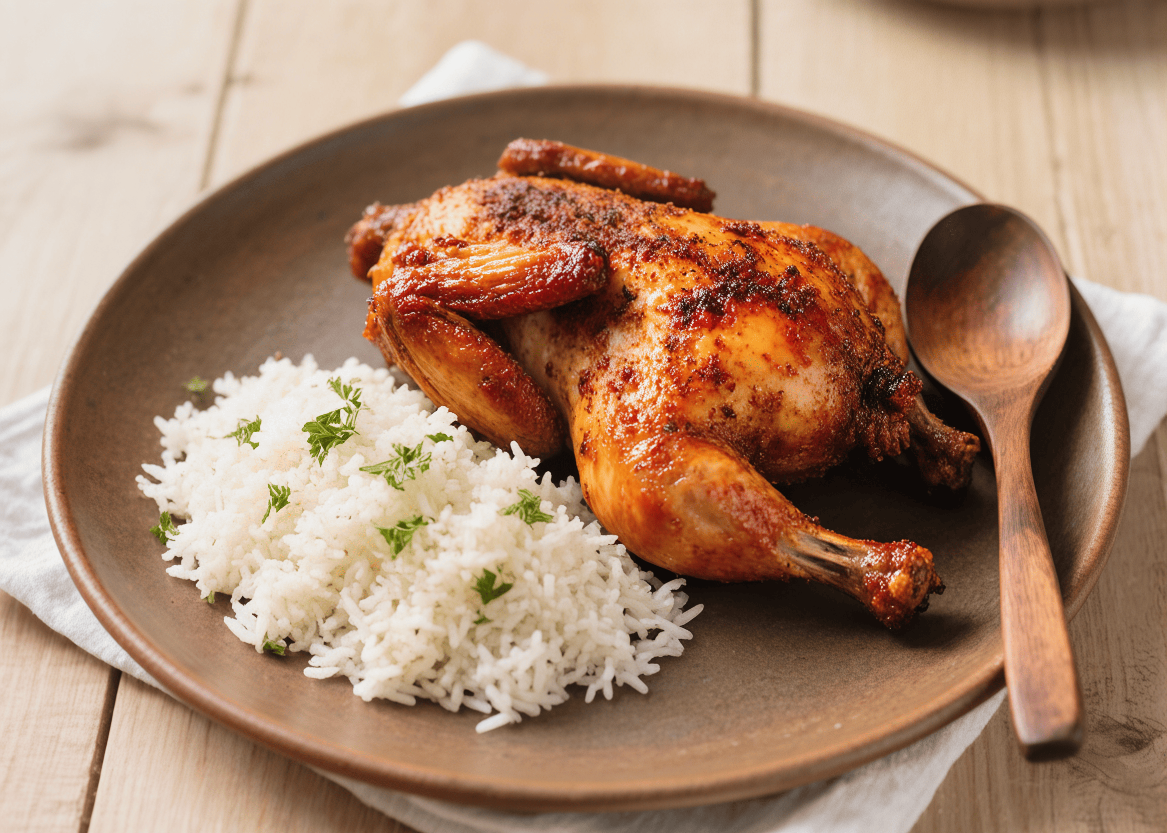 🖼️ Photo parfaite : Plat en terre cuite avec le poulet bien rouge, accompagné de riz basmati et d'une cuillère en bois.