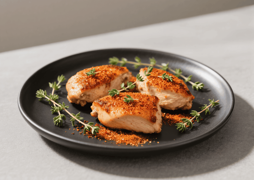 🖼️ Photo parfaite : Plat en grès noir avec le poulet laqué, garni de piment d'Espelette en poudre et thym frais.