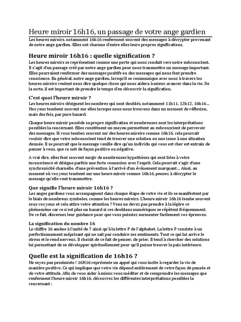 découvrez la signification mystique de l'heure miroir 16h16. plongez dans l'univers de la numérologie et de la spiritualité pour comprendre les messages cachés derrière cette heure. un voyage captivant vers l'introspection et la découverte de soi.