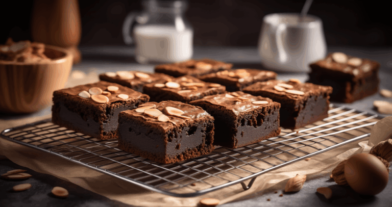🖼️ Suggestion visuelle : Brownie découpé en carrés sur une grille avec quelques amandes effilées