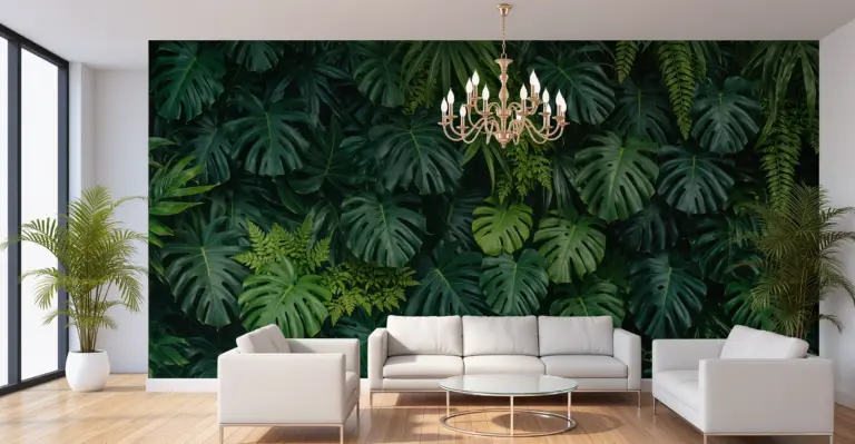 Salon décoré avec un papier peint mural jungle aux motifs de feuillages tropicaux luxuriants