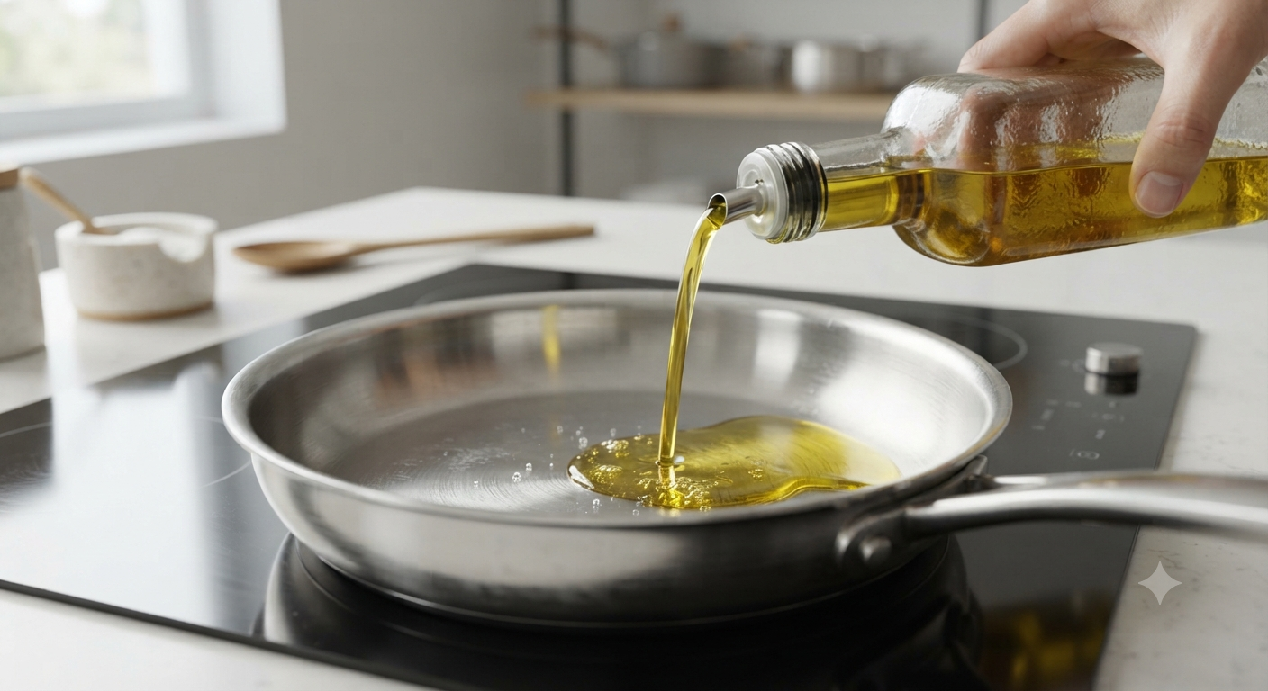 Huile d'olive dans une poêle inox