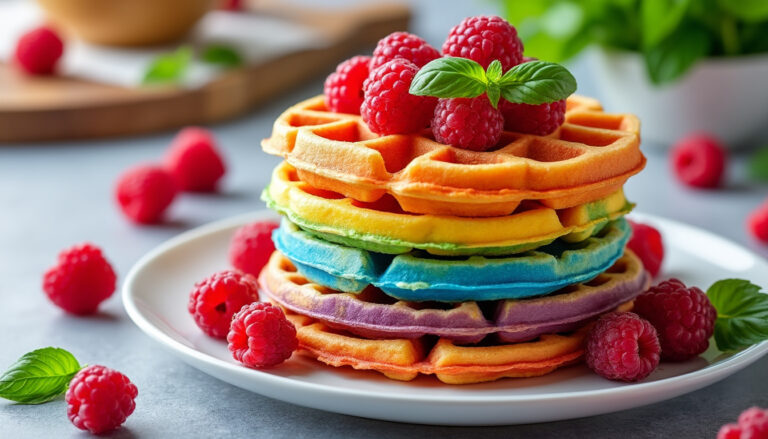 découvrez une recette facile et rapide de gaufres arc en ciel aux framboises et au basilic, pour un dessert coloré et frais qui ravira toute la famille.