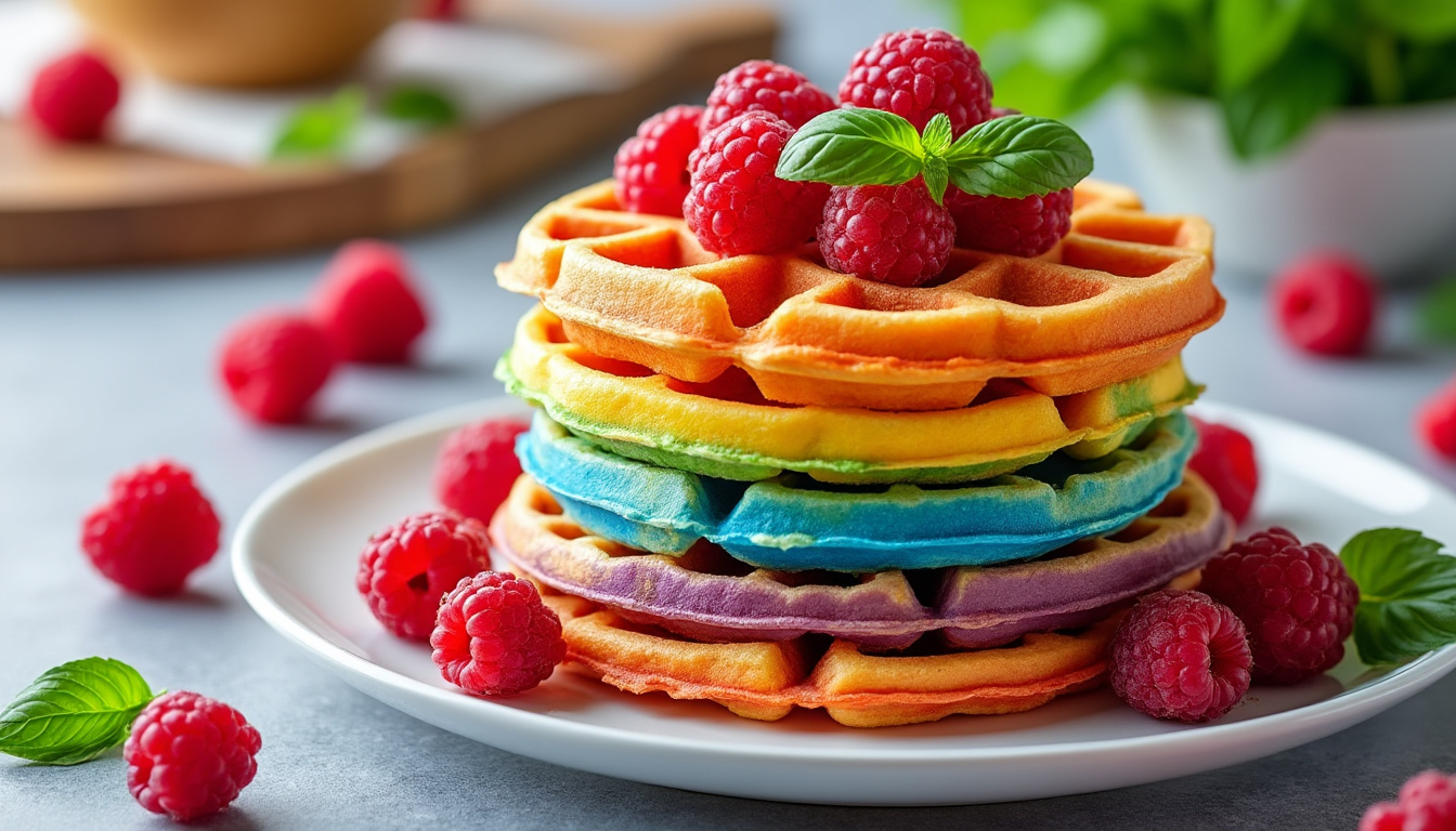 découvrez une recette facile et rapide de gaufres arc en ciel aux framboises et au basilic, pour un dessert coloré et frais qui ravira toute la famille.