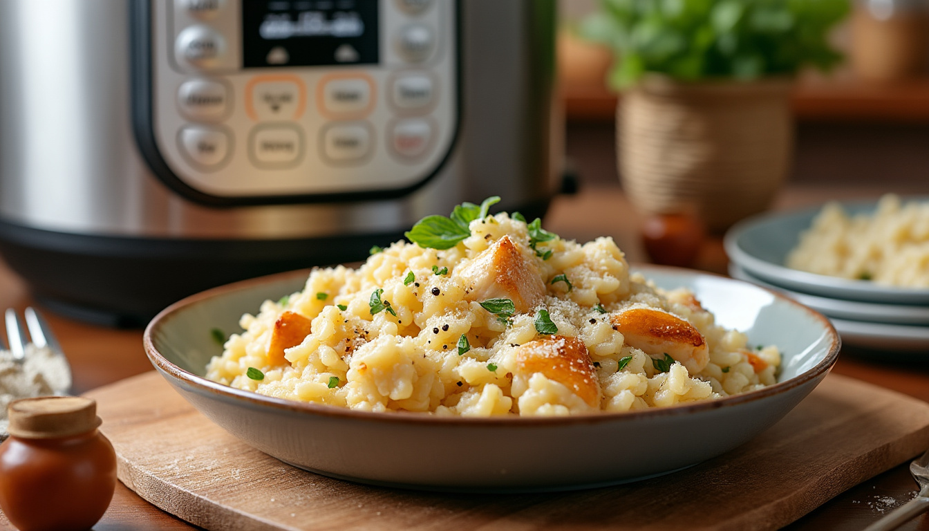 préparez un délicieux risotto au poulet au cookeo, facile et rapide : une recette crémeuse et savoureuse prête en moins de 30 minutes.